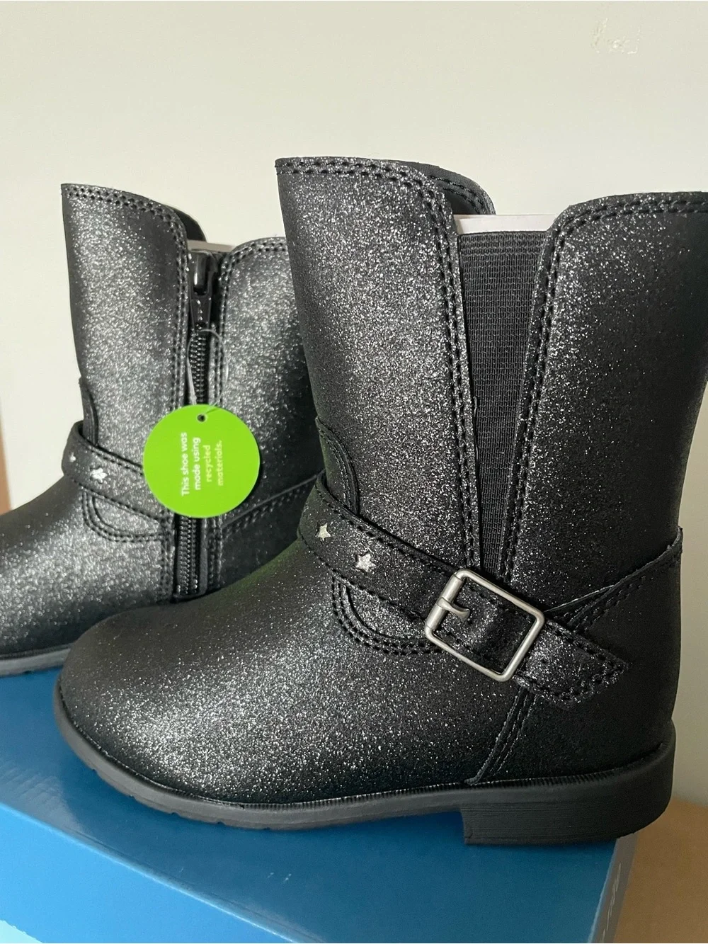 Stride Rite Sr Lizz Black Shimmer Boots Toddler Girl Zip Stars Mid Calf NEW Box